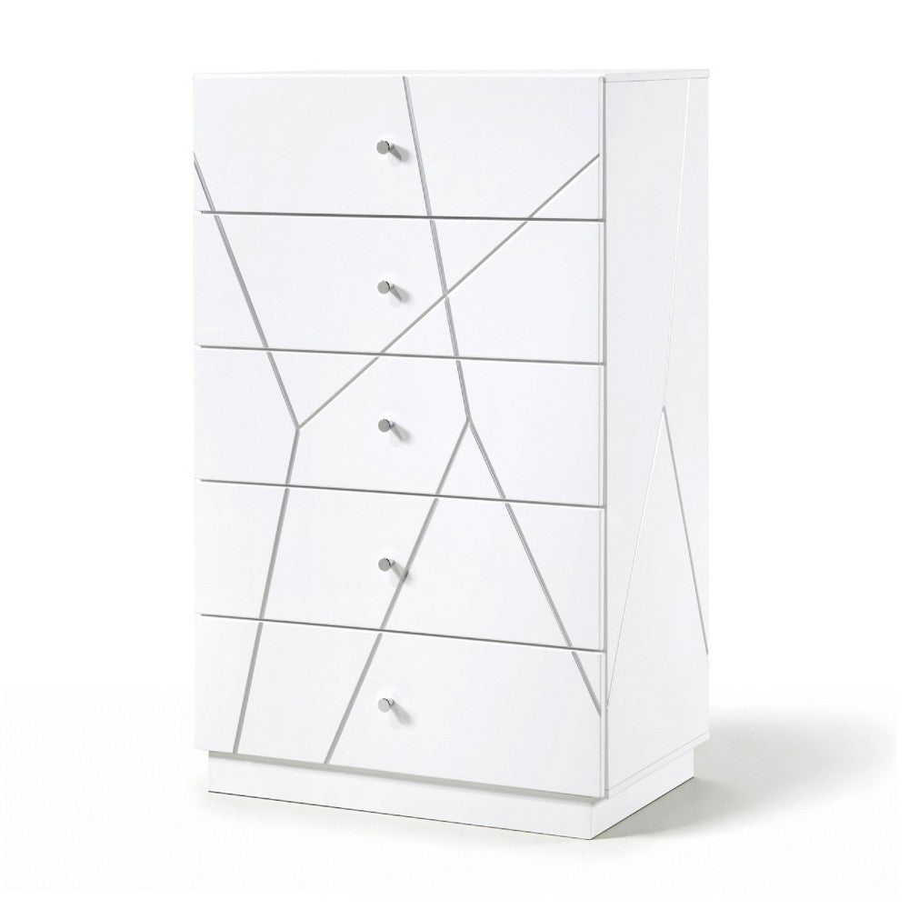 Oly Tall Dresser Chest | 5 Drawers | Glossy White Geometric Fronts