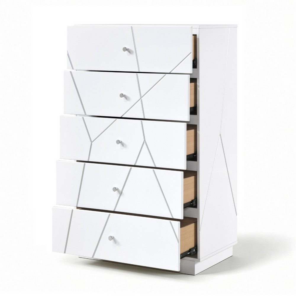 Oly Tall Dresser Chest | 5 Drawers | Glossy White Geometric Fronts