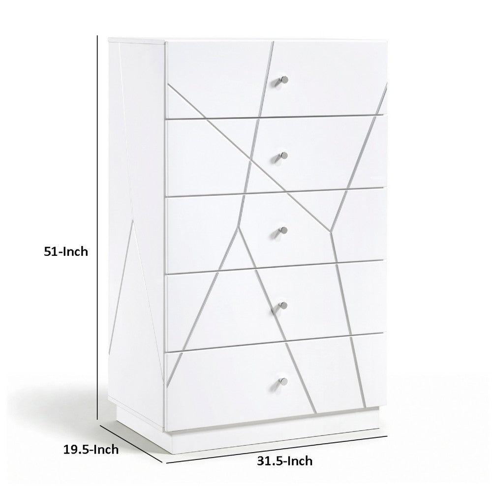 Oly Tall Dresser Chest | 5 Drawers | Glossy White Geometric Fronts