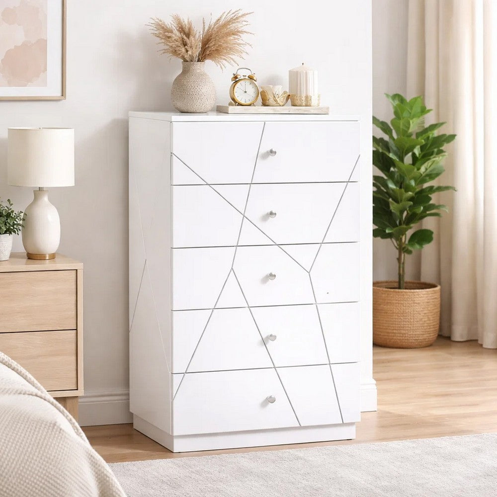 Oly Tall Dresser Chest | 5 Drawers | Glossy White Geometric Fronts