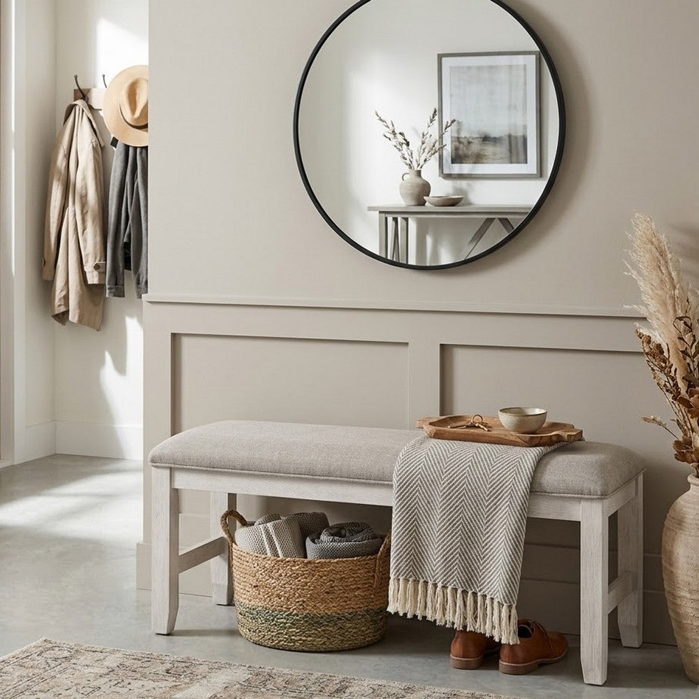 Vile Dining Bench | Light Gray Upholstery | Distressed White | 48"