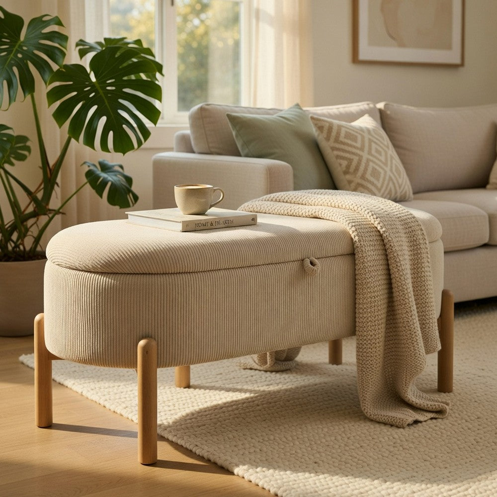 Mony Bench with Lift Top Storage | Taupe Corduroy | 43" Brown Frame