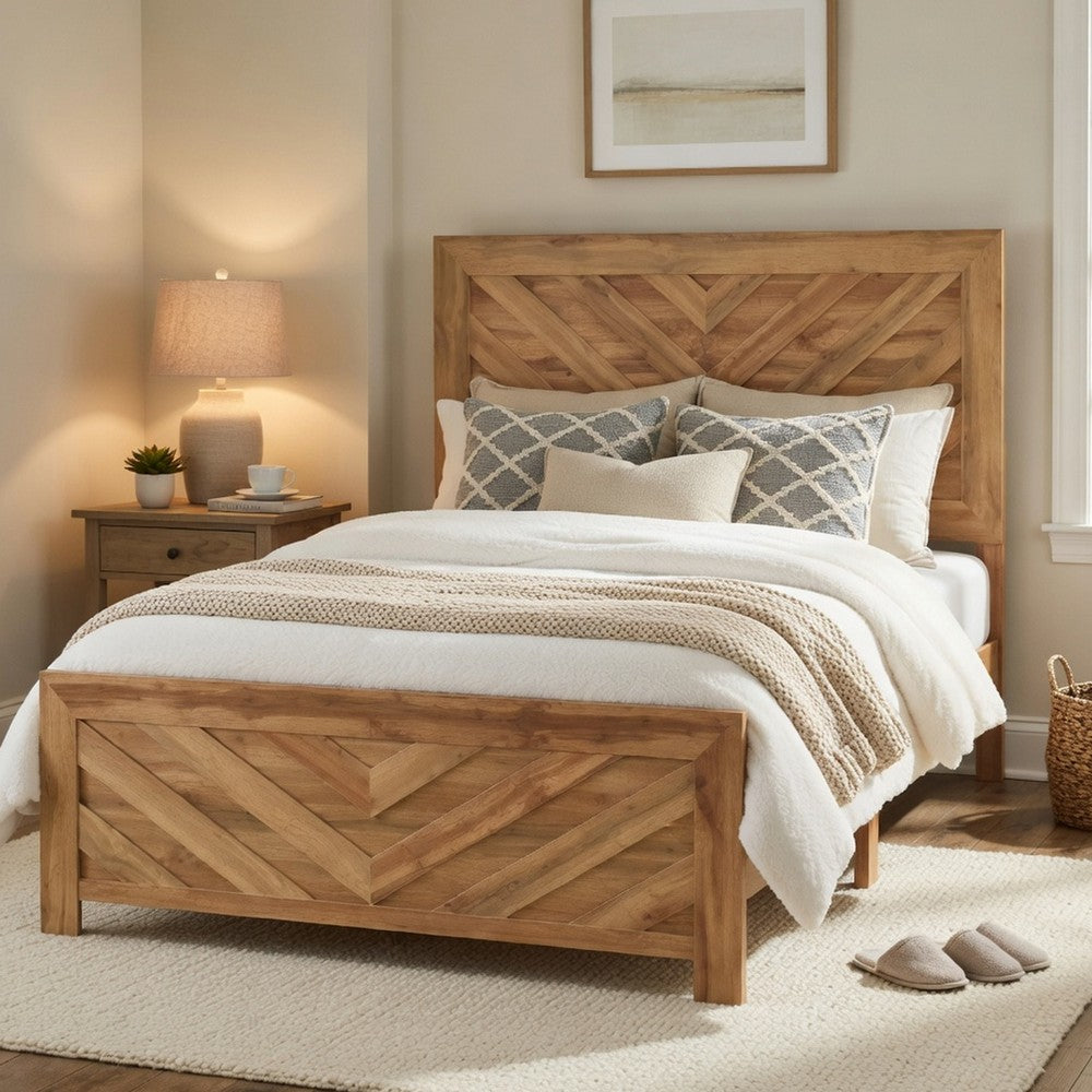 Adia Queen Size Bed | Chevron Patterned Headboard | Natural Brown