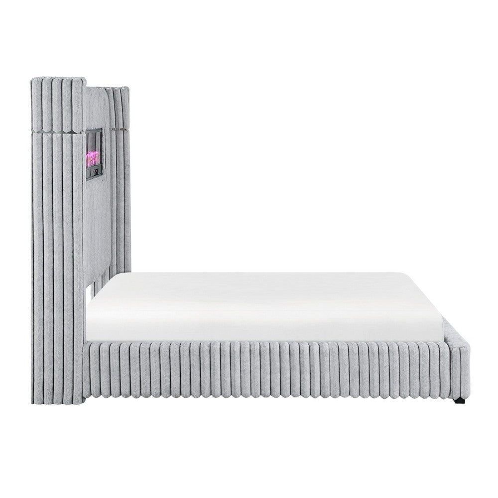 Feny Queen Size Bed w LED Fireplace | Gray Upholstered Wingback Headboard