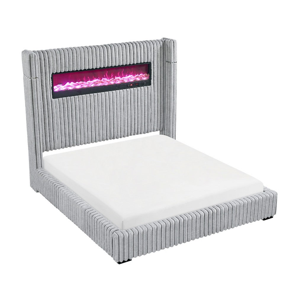 Feny Queen Size Bed w LED Fireplace | Gray Upholstered Wingback Headboard