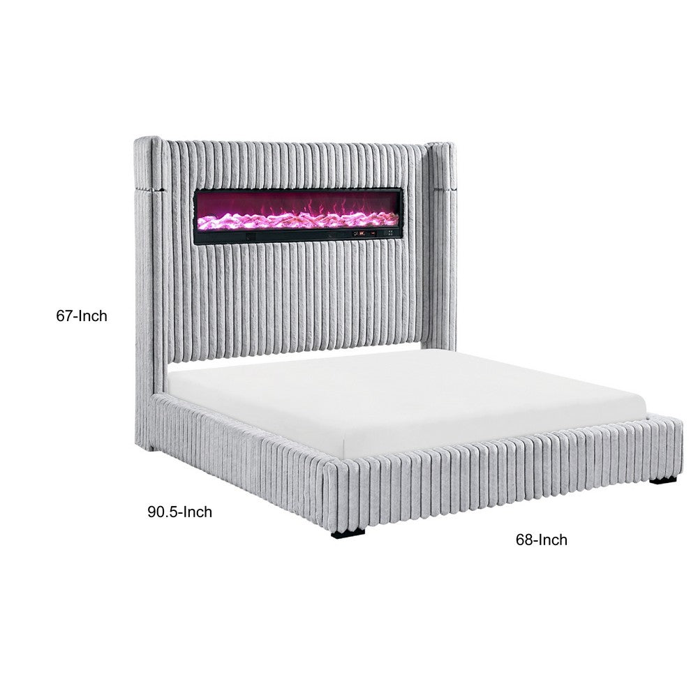Feny Queen Size Bed w LED Fireplace | Gray Upholstered Wingback Headboard