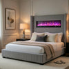 Feny Queen Size Bed w LED Fireplace | Gray Upholstered Wingback Headboard