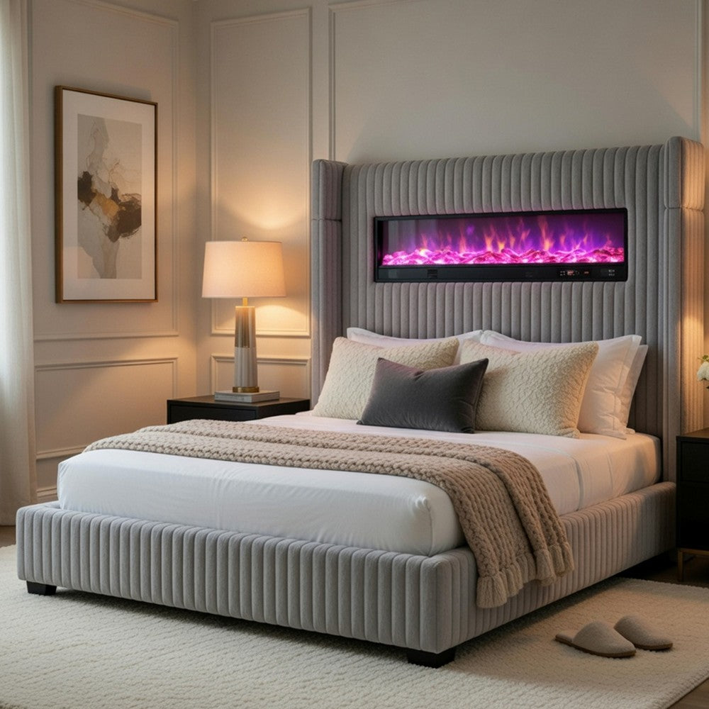 Feny Queen Size Bed w LED Fireplace | Gray Upholstered Wingback Headboard