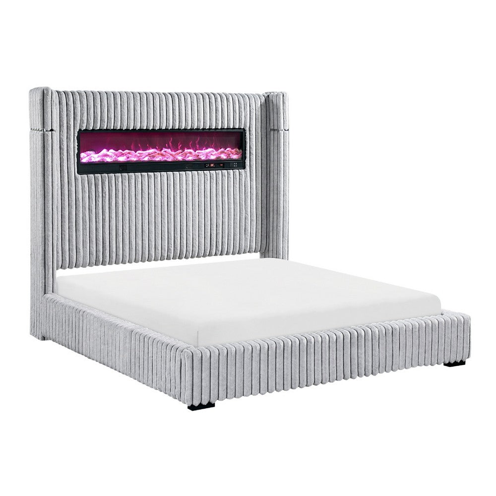 Feny King Size Bed w LED Fireplace | Gray Upholstered Wingback Headboard