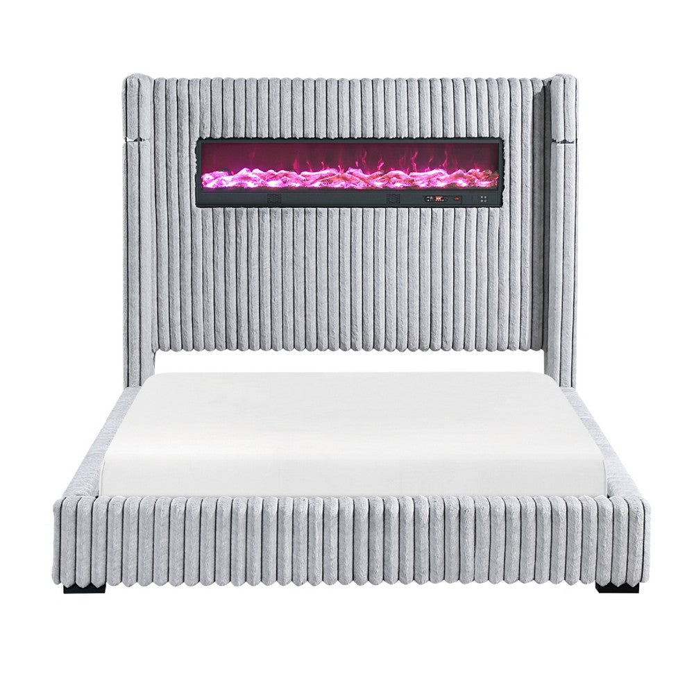Feny King Size Bed w LED Fireplace | Gray Upholstered Wingback Headboard