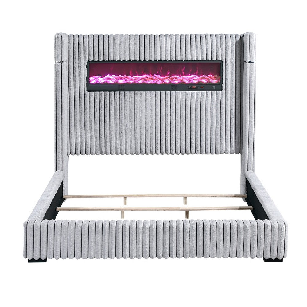 Feny King Size Bed w LED Fireplace | Gray Upholstered Wingback Headboard