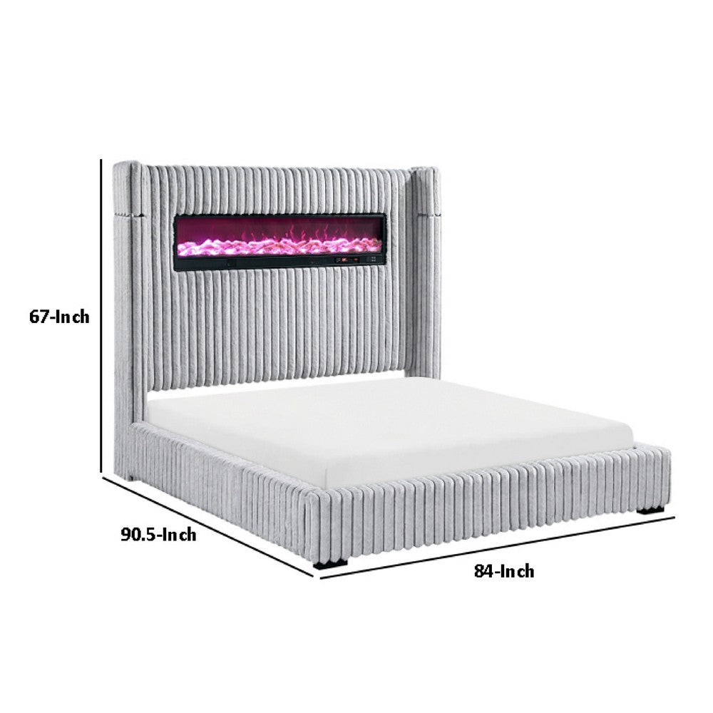 Feny King Size Bed w LED Fireplace | Gray Upholstered Wingback Headboard