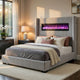 Feny King Size Bed w LED Fireplace | Gray Upholstered Wingback Headboard