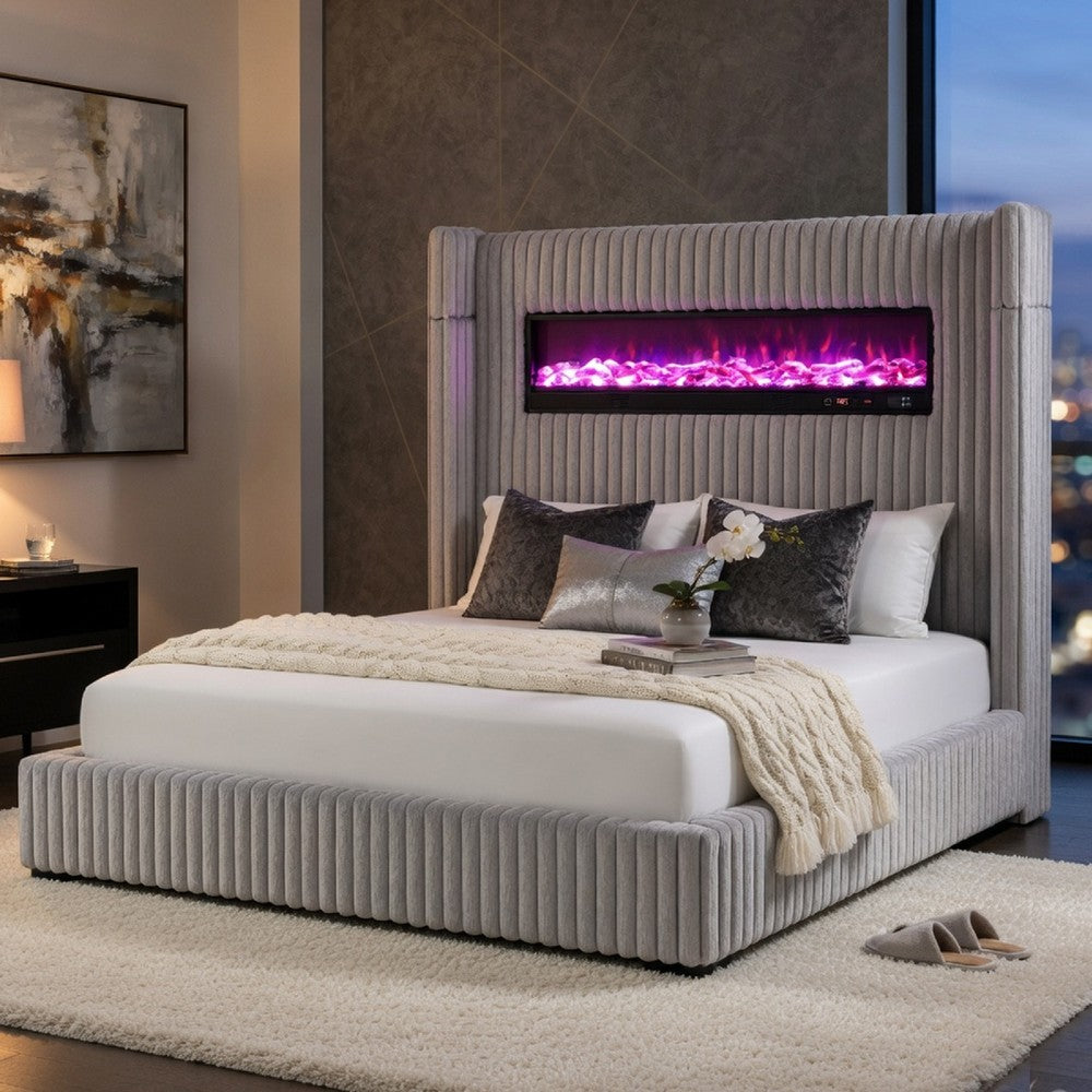 Feny King Size Bed w LED Fireplace | Gray Upholstered Wingback Headboard
