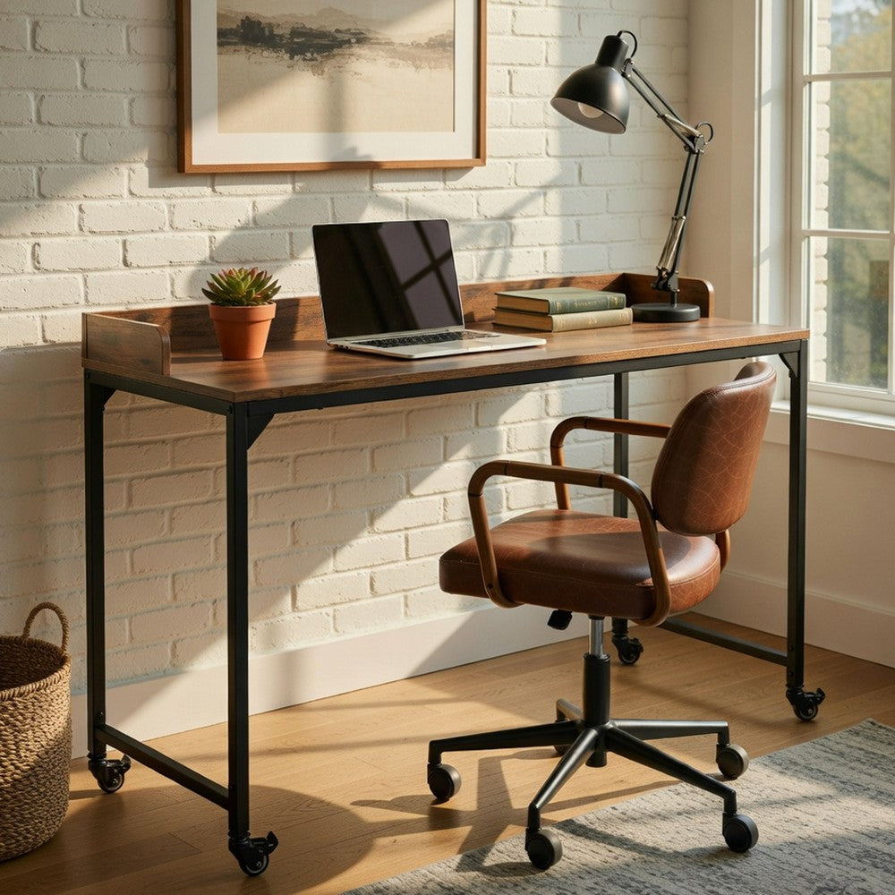 Sem Overbed Table on Wheels | 72" Rustic Brown Desk Top | Black Metal Frame