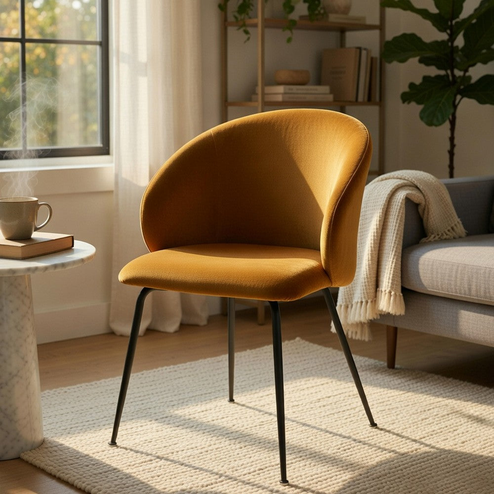 Salie Dining Chair Set of 2 | Curved Back | Mustard Yellow Velvet | Black