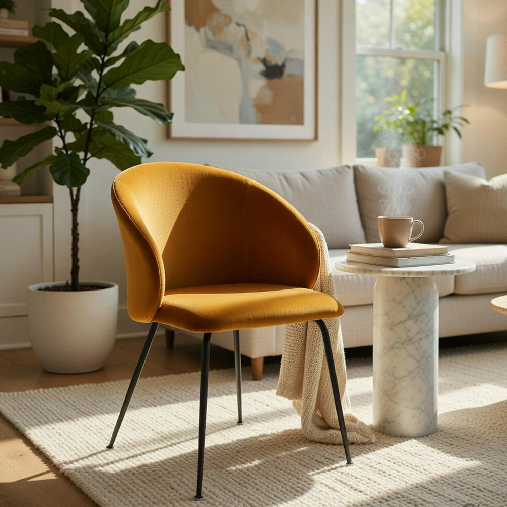 Salie Dining Chair Set of 2 | Curved Back | Mustard Yellow Velvet | Black