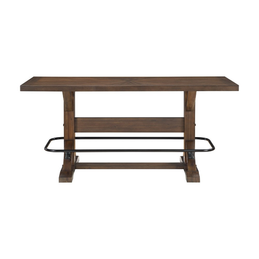 Vira Counter Height Table | Trestle Base | Metal Footrest | Brown Wood 78"
