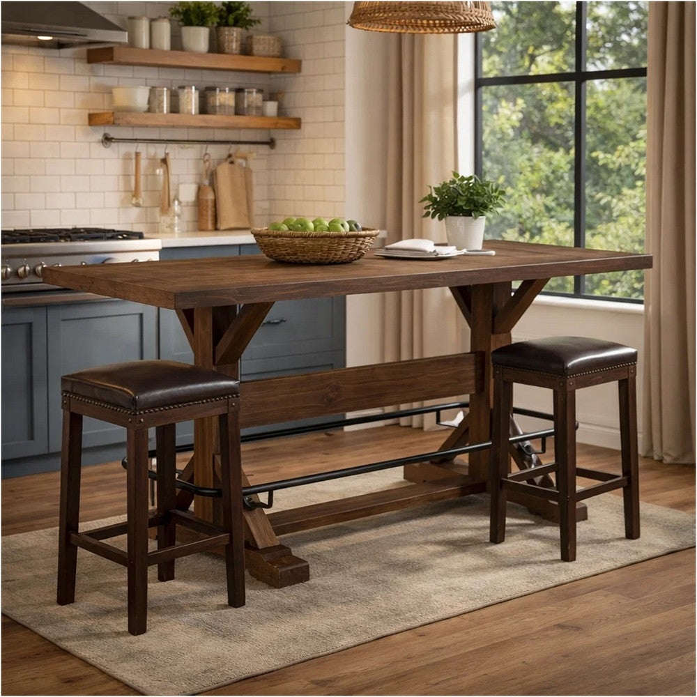 Vira Counter Height Table | Trestle Base | Metal Footrest | Brown Wood 78"