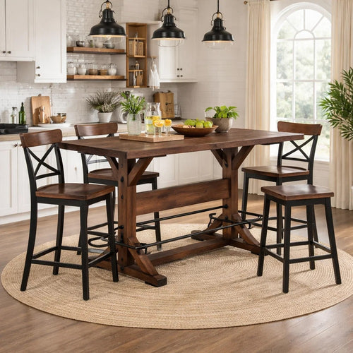 Vira Counter Height Table | Trestle Base | Metal Footrest | Brown Wood 78"