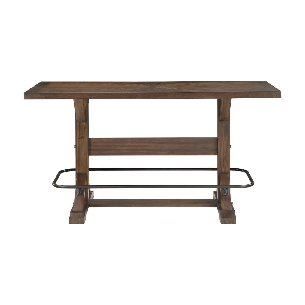 Vira Bar Height Pub Table | Trestle Base | Metal Footrest | Brown Wood 78"