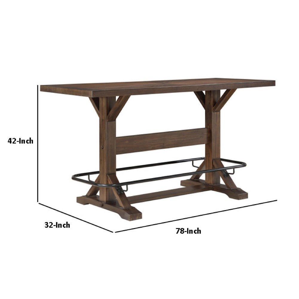 Vira Bar Height Pub Table | Trestle Base | Metal Footrest | Brown Wood 78"