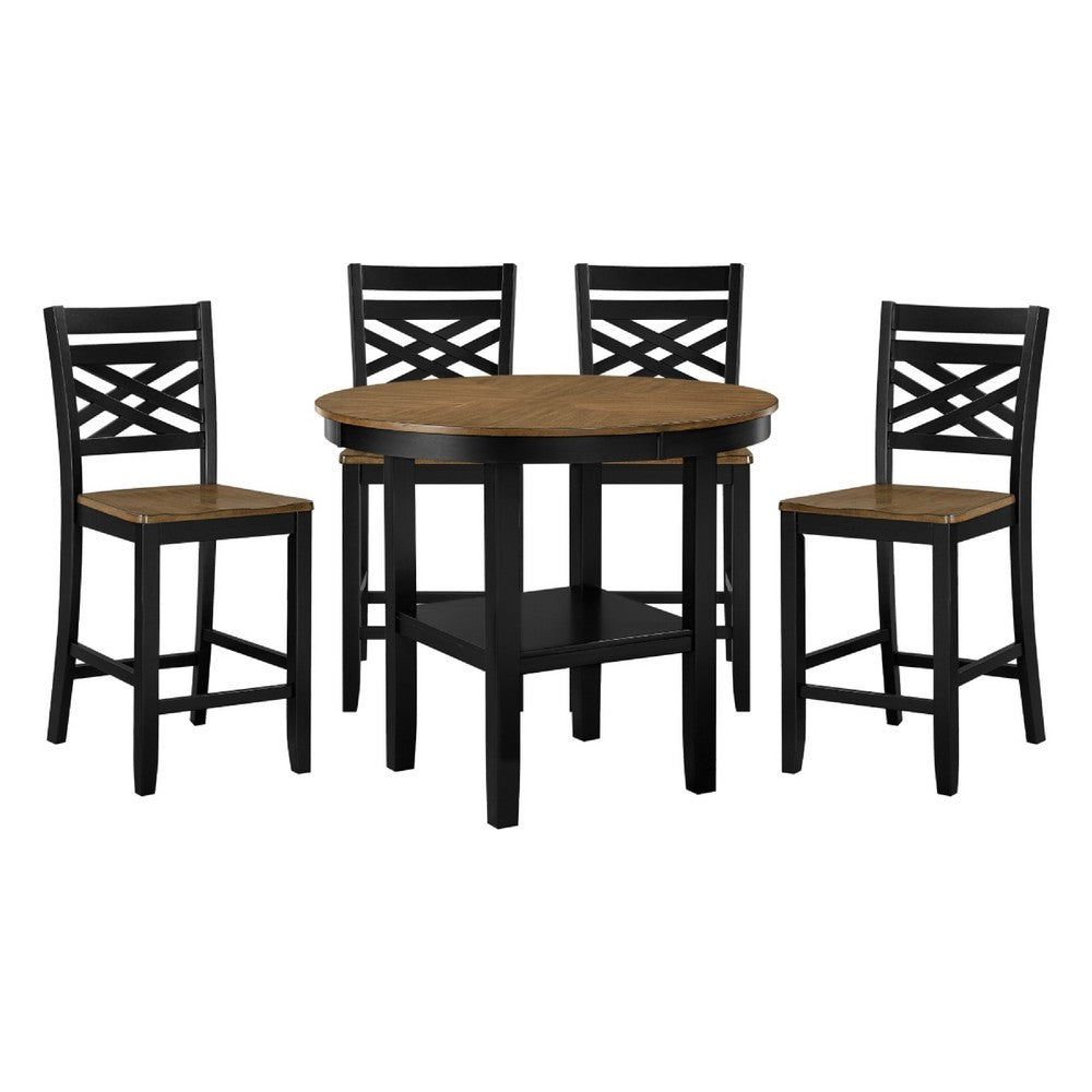 Teny 5pc Counter Dining Set | Storage Table | Lattice Back | Black, Brown