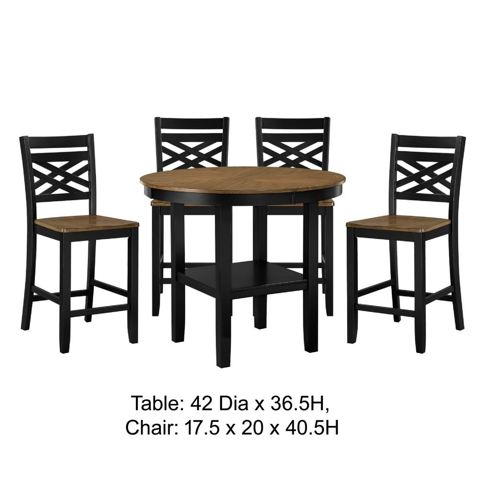Teny 5pc Counter Dining Set | Storage Table | Lattice Back | Black, Brown