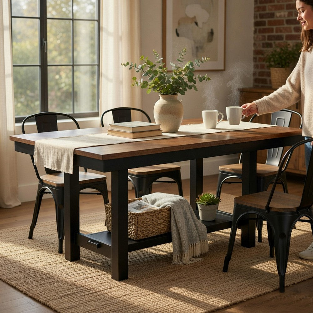 Teny Dining Table w Shelf | Rectangular | Trestle Base | 65" Black and Brown