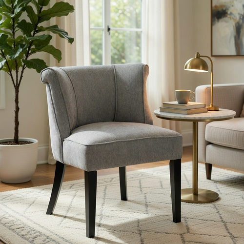 Vasu Accent Chair | Piping on Curved Back | Charcoal Gray Polyester | Brown