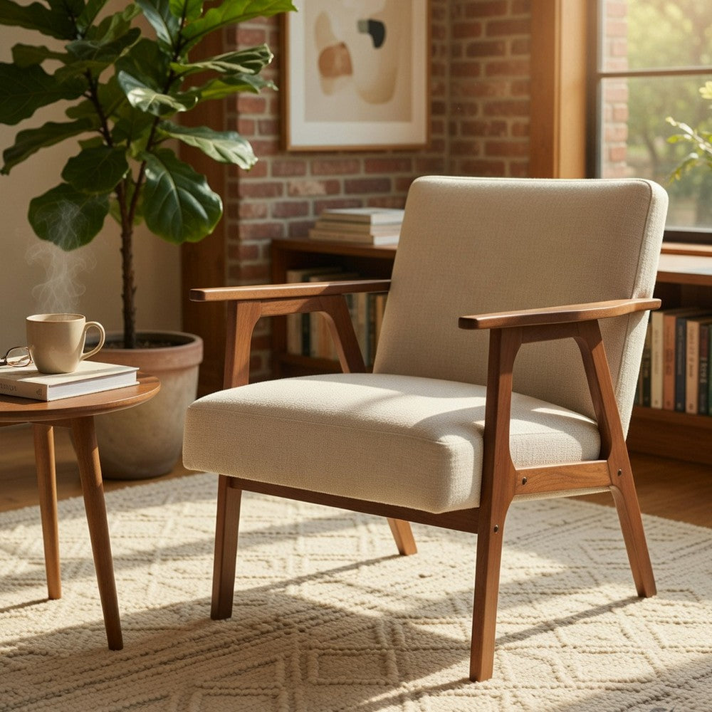 Cathy Accent Chair | Foam Cushions | Beige Polyester | Walnut Brown Arms