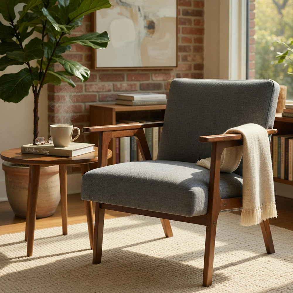 Cathy Accent Chair | Foam Cushions | Dark Gray Polyester | Walnut Brown Arms
