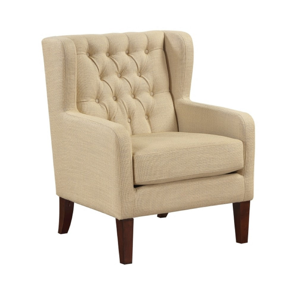 Russ Wingback Accent Chair | Foam Cushions | Tufted Beige Polyester | Brown
