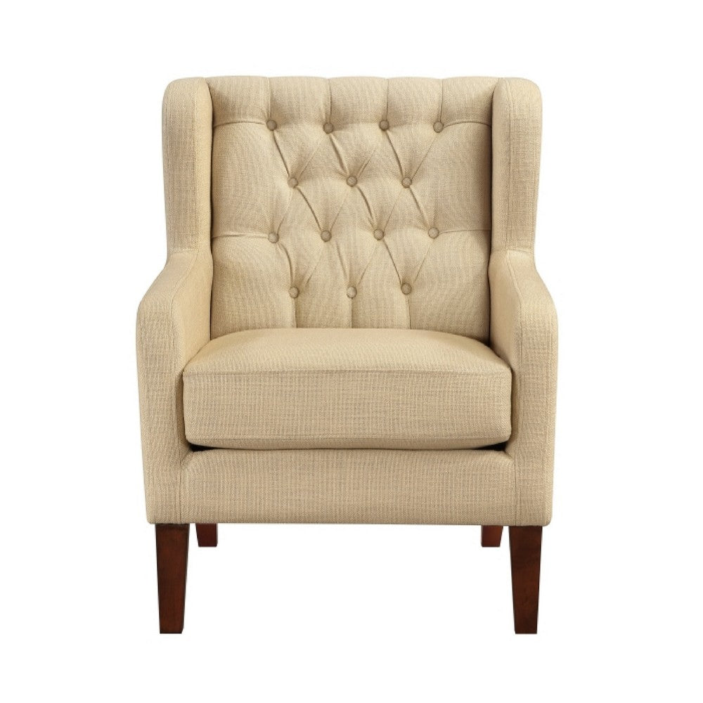 Russ Wingback Accent Chair | Foam Cushions | Tufted Beige Polyester | Brown