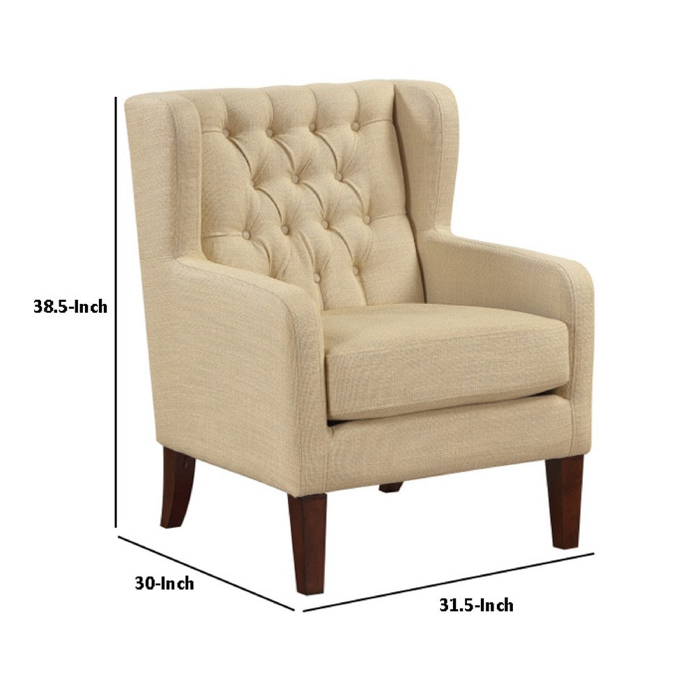 Russ Wingback Accent Chair | Foam Cushions | Tufted Beige Polyester | Brown