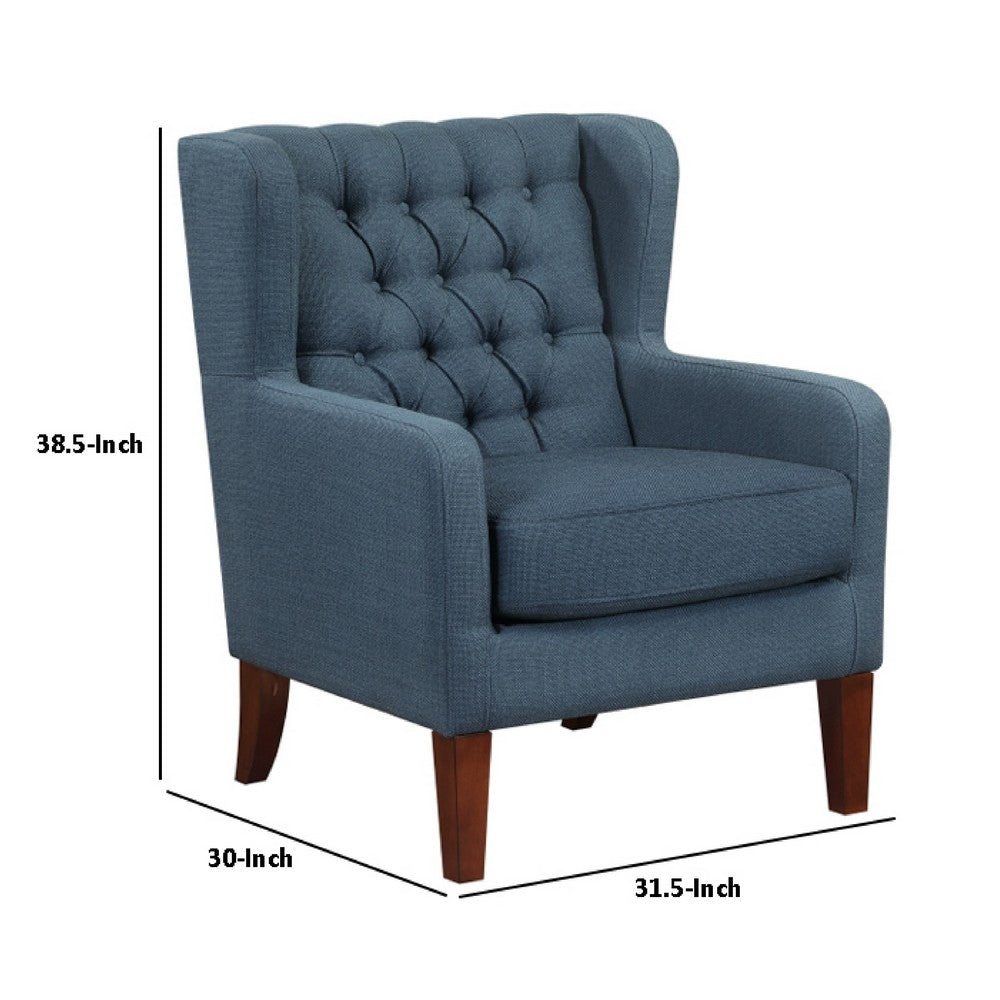 Russ Wingback Accent Chair | Foam Cushions | Tufted Blue Polyester | Brown