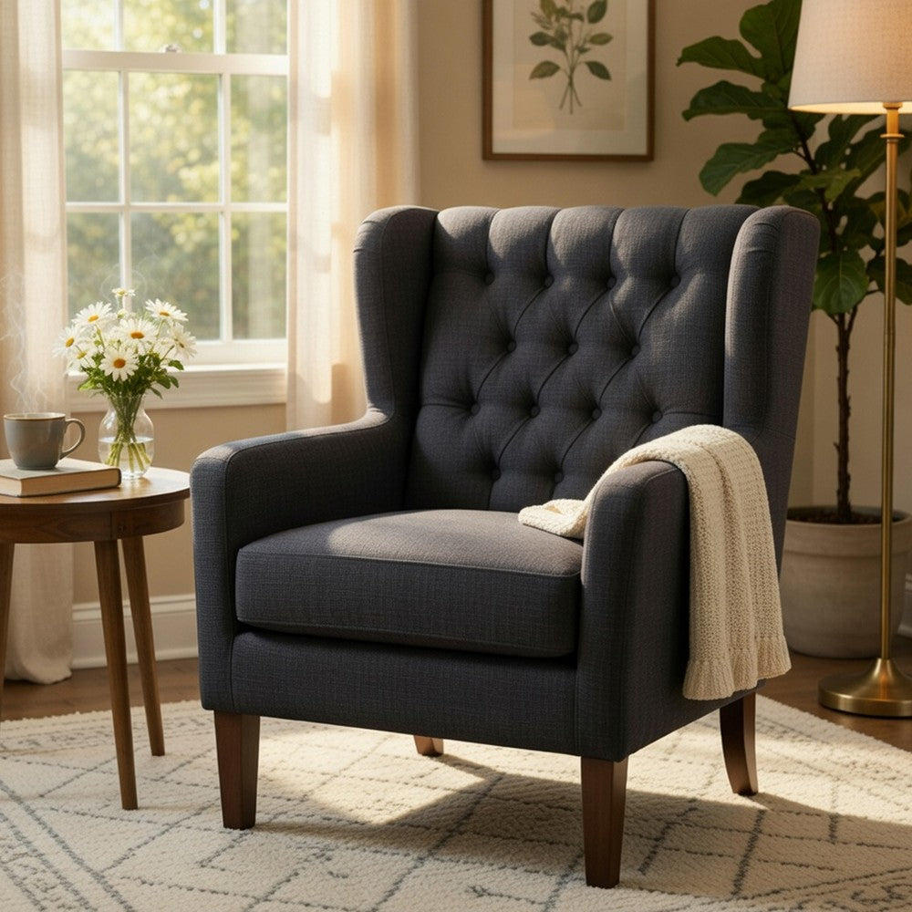 Russ Wingback Accent Chair | Foam Fill | Tufted Dark Gray Polyester | Brown