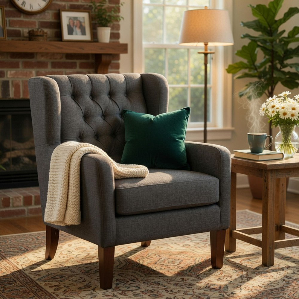 Russ Wingback Accent Chair | Foam Fill | Tufted Dark Gray Polyester | Brown
