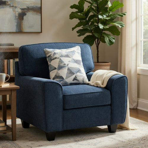 Beny Accent Chair w Pillow | Track Arms | Foam Fill Blue Chenille | Black
