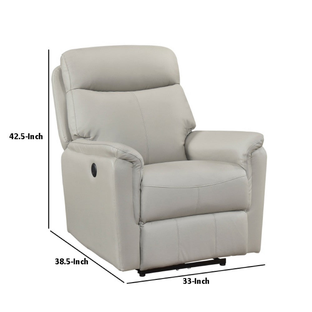 Lea Power Recliner Chair w USB | Foam Fill Light Gray Top Grain Leather