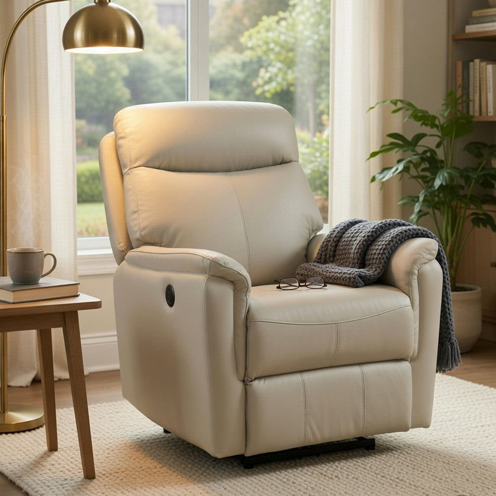 Lea Power Recliner Chair w USB | Foam Fill Light Gray Top Grain Leather