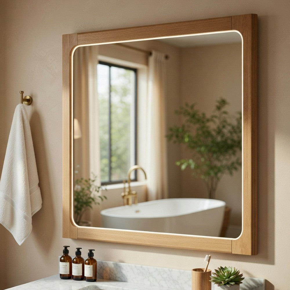 Cery Vanity Dresser Mirror | Light Brown Hickory Veneer Frame | 38 x 48