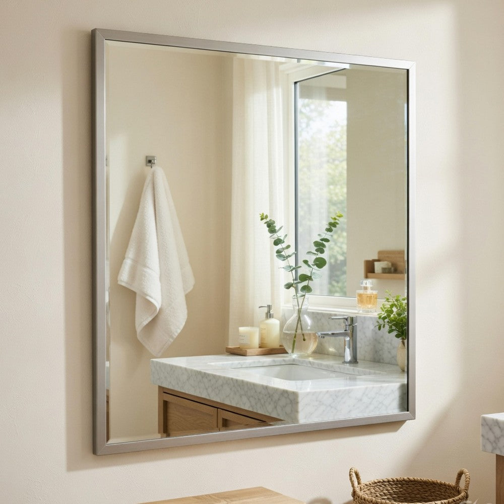 Lon Vanity Dresser Mirror with Beveled Edge | Pearl White  38 x 38