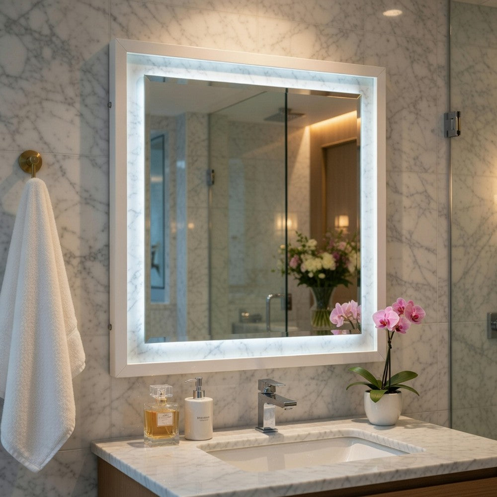 Cyna Dresser Mirror | LED Faux Marble Panels | High Gloss White 39 x 44