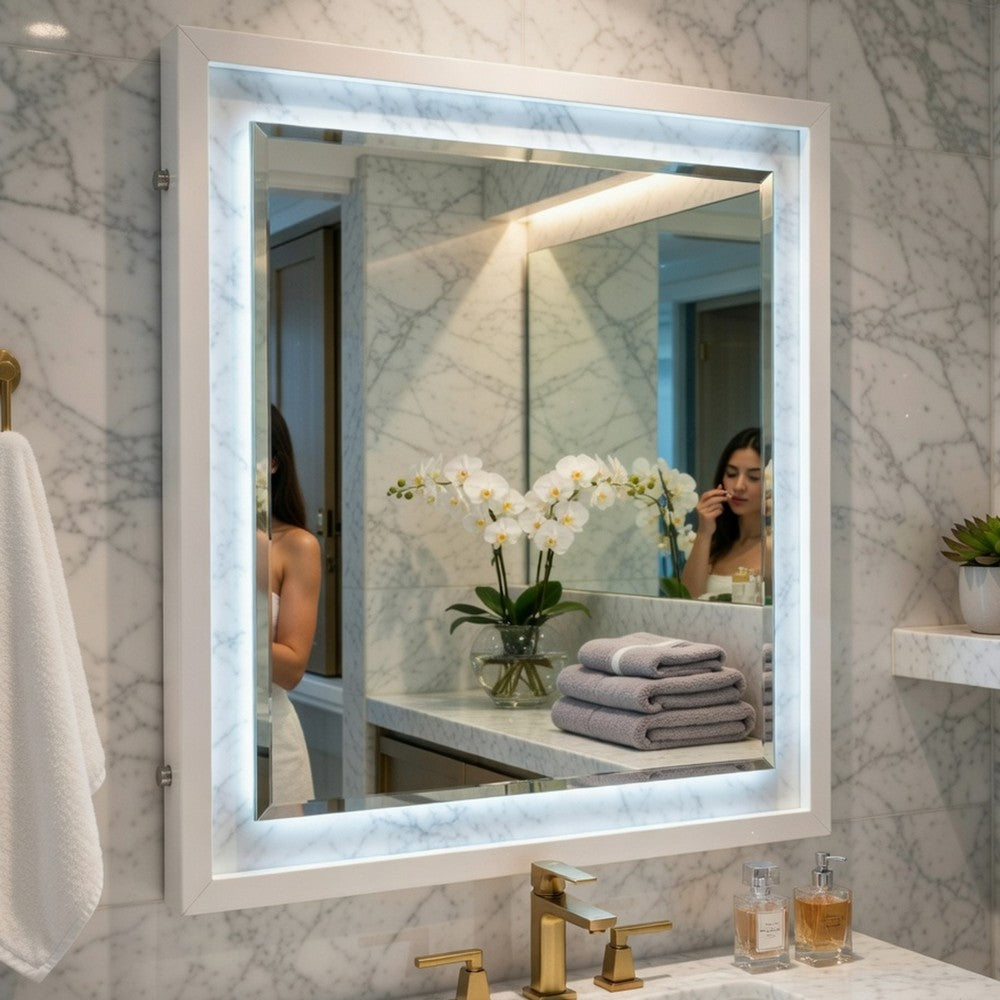 Cyna Dresser Mirror | LED Faux Marble Panels | High Gloss White 39 x 44