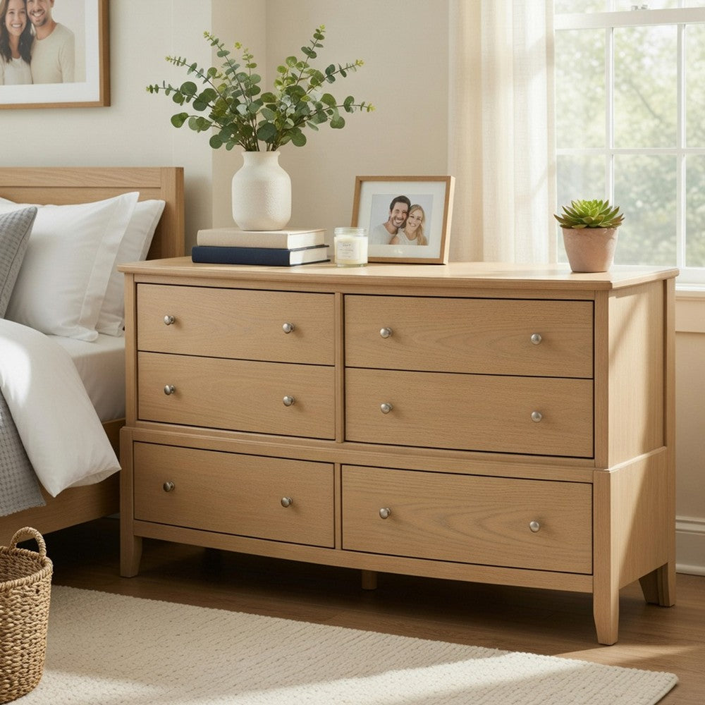Hadly Wide Dresser | 6 Drawers with Satin Nickel Knobs | Beige