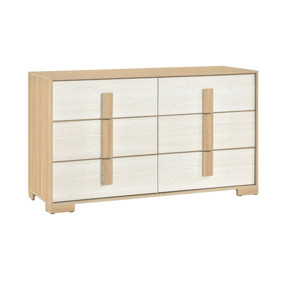 Kery Wide Dresser | 6 Drawers w Board Handles | Natural Brown & White Wood