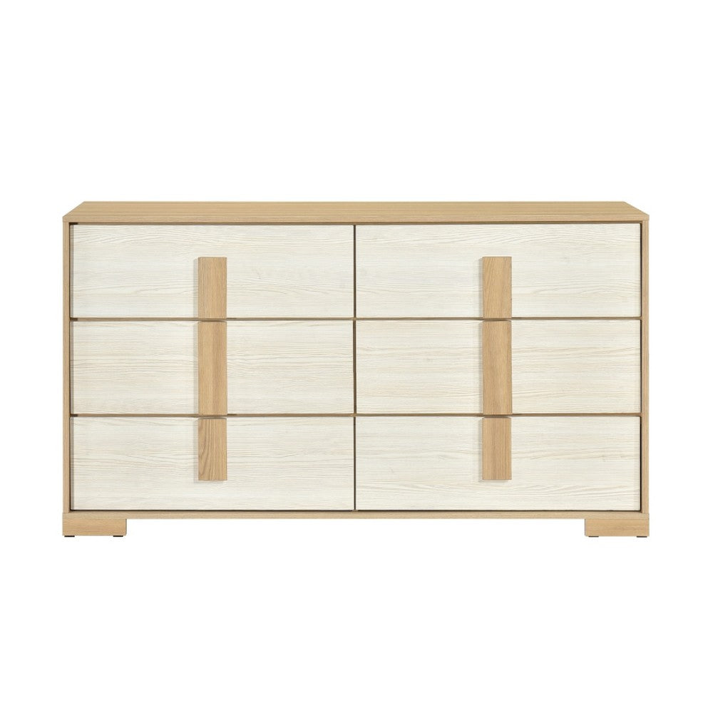 Kery Wide Dresser | 6 Drawers w Board Handles | Natural Brown & White Wood