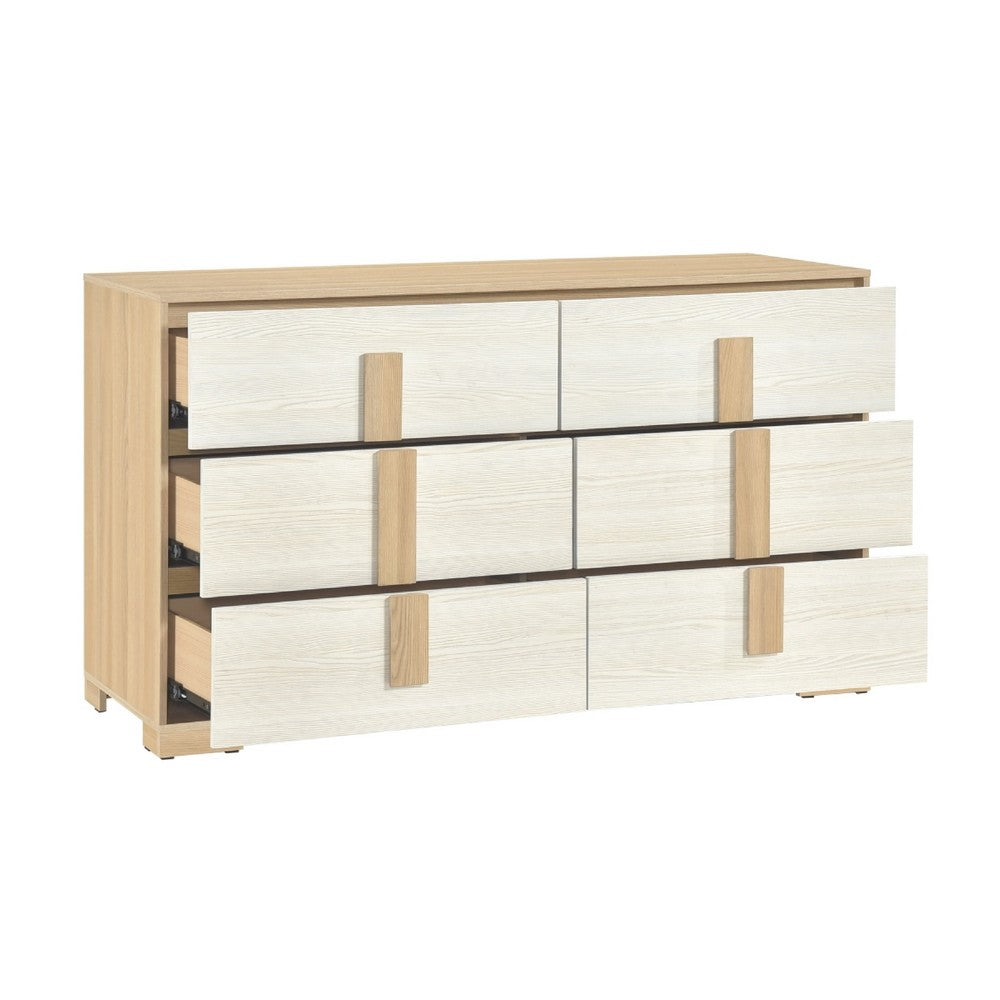 Kery Wide Dresser | 6 Drawers w Board Handles | Natural Brown & White Wood