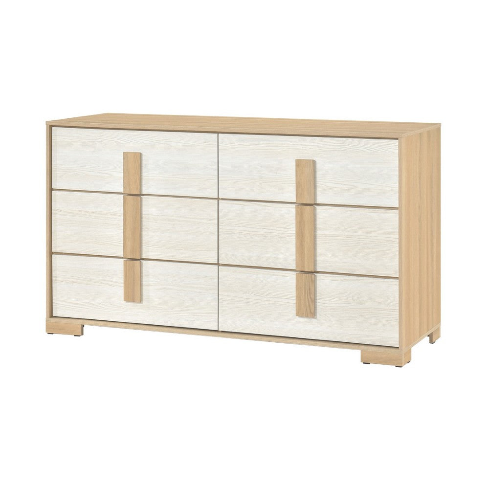 Kery Wide Dresser | 6 Drawers w Board Handles | Natural Brown & White Wood